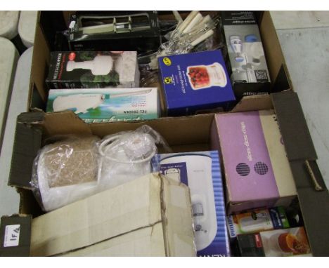 A mixed collection of kitchen items: scales, electric knife, electric tin opener, cutlery etc (2 trays). 