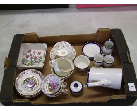A mixed collection of items: to include Empire Ware part coffee set, gilded cups and saucers etc (1 tray). 