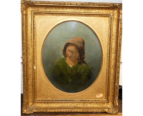 Early 20th century school - Bust portrait of a young girl, oil on artist boards, framed as an oval, 28 x 23cm 