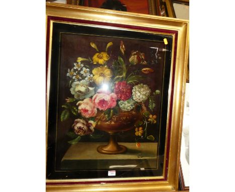 After the Old Masters - Still life with flowers in a pedestal bowl, print under glass, 57 x 45cm