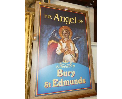 A reproduction advertising sign for the Angel Inn, Bury St Edmunds, lithograph print on paper laid on mdf, 91 x 61cm 
