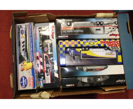 A tray of mainly American interest tractor unit and trailer diecast models, to include racing champions etc 