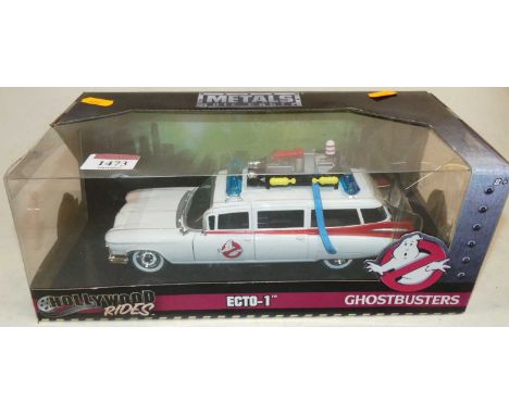 A Hollywood Rides 1/24 scale model of The Ghostbusters Ecto-1 vehicle