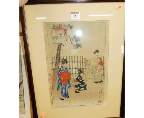 Late 19th century Japanese school woodblock print featuring children in a garden, signed and with studio seals, 33 x 23cm, ga