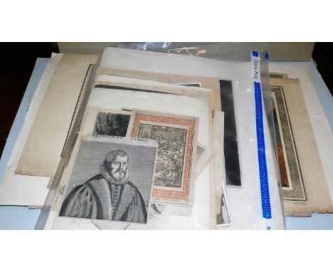 A folio of assorted monochrome prints and engravings, to include topographical and portrait examples, principally late 18th c