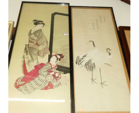 Early 20th century Japanese school, canvas print with studio stamp, 100 x 42cm; and one other (2)