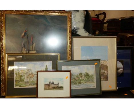 Assorted pictures and prints, to include Mandy Newman - Village Church watercolour; one other by the same hand; topographical