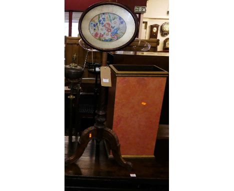 A Victorian walnut and embroidered floral inset pole screen; together with a white painted standard lamp, and a contemporary 