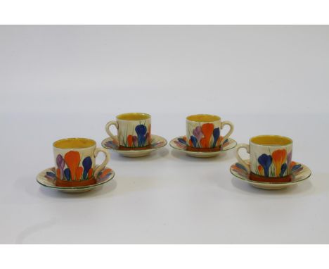 Four Clarice Cliff Tea Cops and Saucers. Bizarre Crochus pattern. 