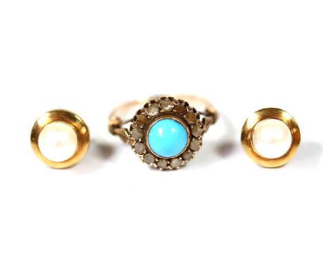 Turquoise and rose diamond ring, size O, and cultured pearl earrings 