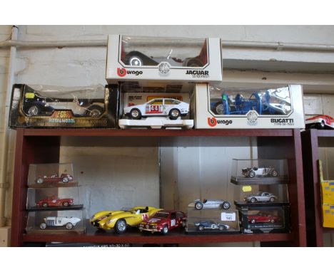 Diecast cars: Six Burago including Jaguar SS100 and Bugatti 59, eight others including Solido and Corgi (14) 