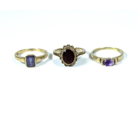 Three 9 carat gem set rings, 7 grms, sizes N, M and M and a half