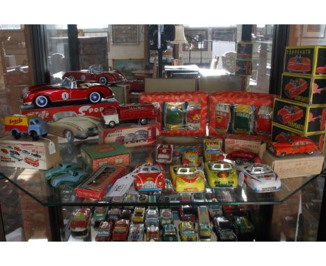 Tinplate toys including MF 772 Mercedes-Benz, Brimtoy Bedford 'Snacks' Van, B.C. Mobilgas Tanker, Kay Midget Motor Car, Marx 