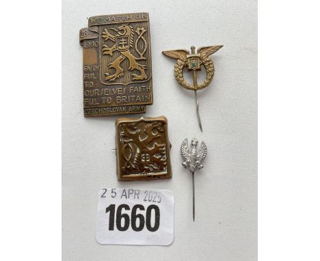 A Czechoslovak Army 'We March on' Badge, another &amp; 2 stick pins