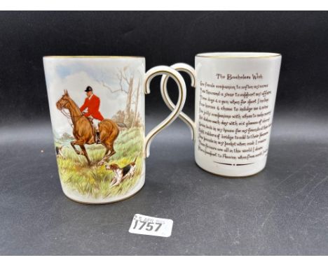 A pair of Crown Derby pint tankards painted with hunting scenes, 1 signed F Cox?