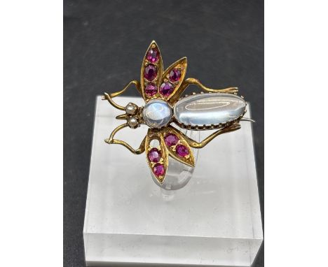 A VINTAGE FINE RUBY MOONSTONE AND PEARL BUG BROOCH