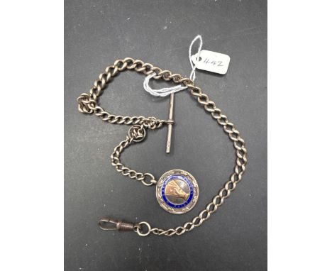 A silver curb link watch albert with enamelled fob Exeter Whist 15 inch