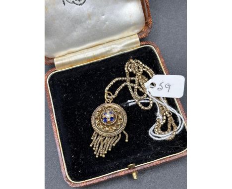 A VICTORIAN ENAMEL DIAMOND AND PEARL TASSEL PENDANT WITH LOCKET BACK ON SNAKE LINK CHAIN 18 INCH ALL 15CT GOLD 13.7 GMS BOXED