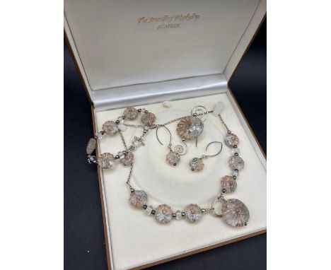 A silver suite of Venetian glass jewellery necklace bracelet earrings and stick pin boxed