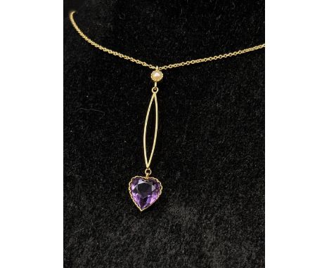 9ct drop pendant necklace set with a heart shaped amethyst and a pearl, 2.9g