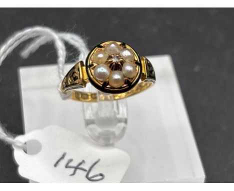Antique Victorian mourning ring with black enamel, set with pearls and a central rose
