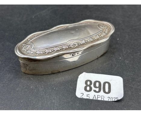 Oval jar with embossed hinged cover, 3 in wide, Birmingham 1906 by HM