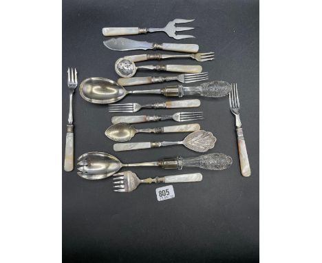 A pair of EPNS and cut glass salad servers and various MOP handled forks etc.