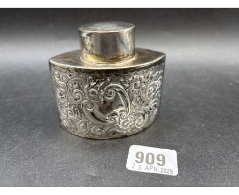 Late Victorian navette shaped embossed tea caddy, 3 1/2 inch in wide, marks rubbed, Birmingham 1899
