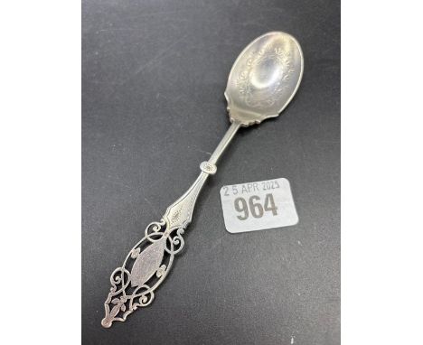 A Preserve Spoon decorative stem, Sheffield 1896 by M &amp; W, 31gms