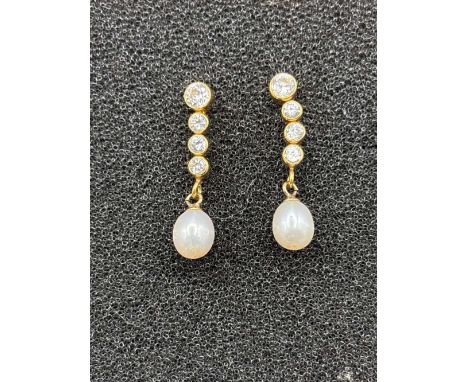 A pair of cultured pearl and stone set earrings 9ct 2.4 cm drop 1.9 gms