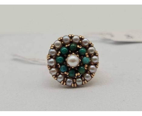 A pearl and turquoise cluster ring 9ct size M 4.6 gms