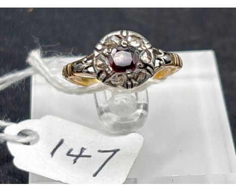 Antique Georgian ring with gold carved shank and undersetting, set with rose Birmingham hallmark 1872, size M diamonds and a 