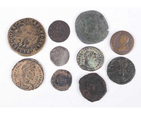 A small group of ancient and later coins, tokens and paranumismatic items, including a Constantius II follis, reverse with fa