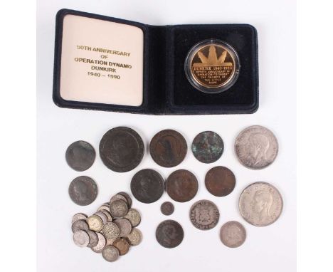 A small collection of British and world coins and tokens, including a George III cartwheel twopence 1797, a George V crown 19