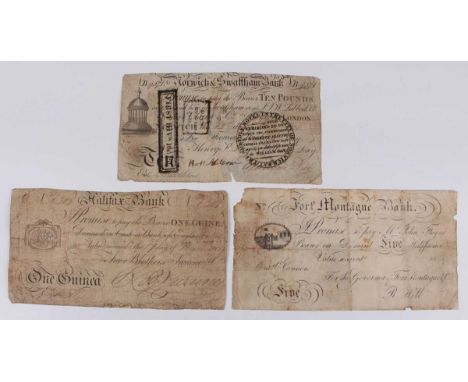 A group of three early 19th century British Provincial banknotes, comprising Norwich &amp; Swaffham Bank ten pounds for Henry