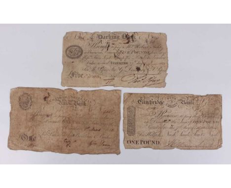 A group of three early 19th century British provincial banknotes, comprising Darking [Dorking] Bank five pounds for R. Piper 