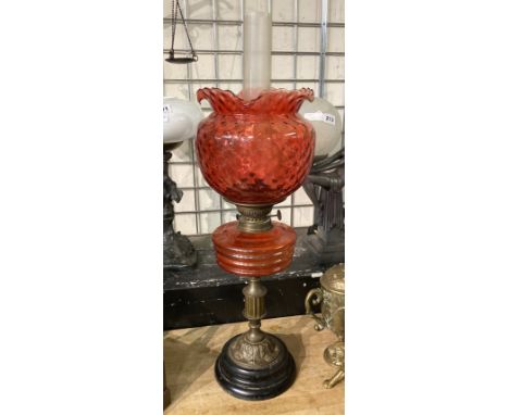 VICTORIAN BRASS &amp; CRANBERRY GLASS OIL LAMP