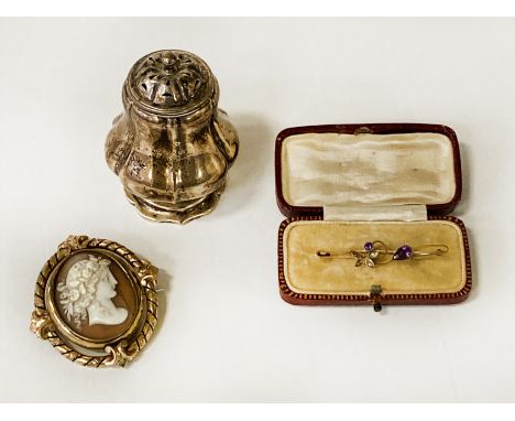 GOLD SWEETHEART BROOCH WITH A CAMEO &amp; H/M SILVER CRUET