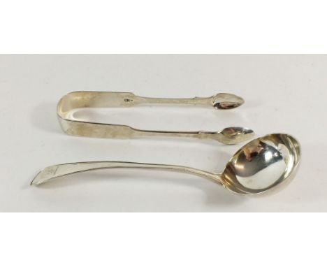 A Georgian silver sauce ladle - marks obscure and a Victorian pair of silver sugar tongs, London 1859, 99.1g 