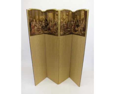 A gold upholstered four fold screen with tapestry panel top, 169cm high 