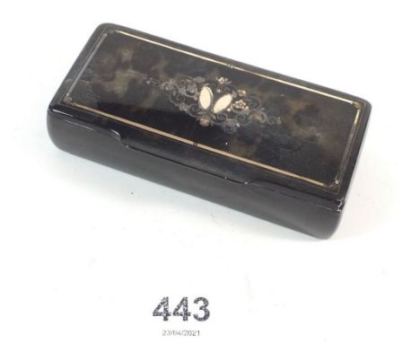 A 19th century tortoiseshell snuff box with pique inlaid decoration, 9cm wide