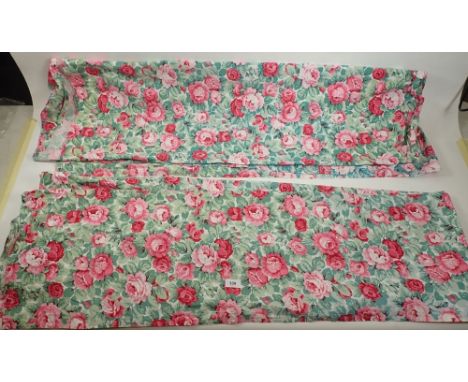 A pair of vintage cotton full length curtains printed roses, 225cm long 