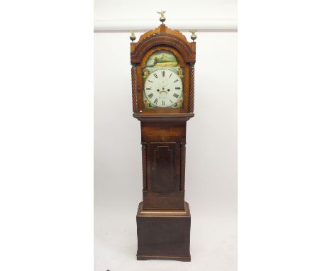 A mahogany longcase clock with chevron ebony and satinwood banding and spiral turned pilastras, the arch top painted face wit