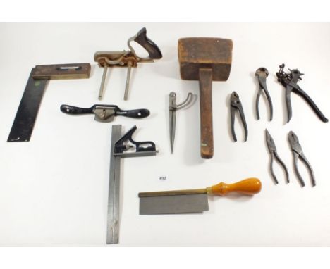 A box of tools including Smallwood set square, callipers, Stanley No.50 plane etc. 