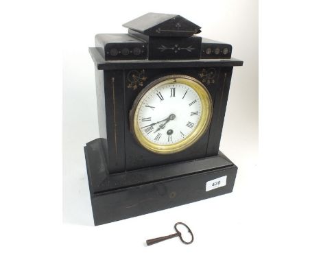 A Victorian black slate mantel clock - 28cm tall 