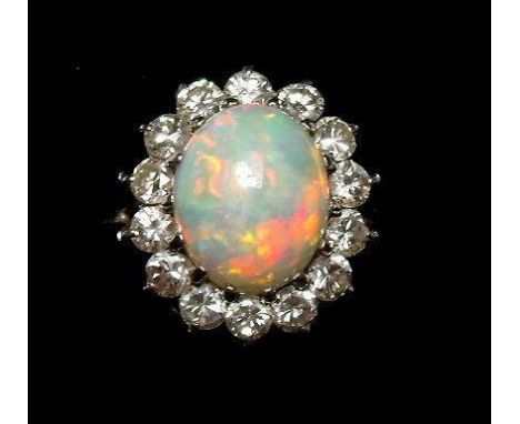 An 18ct white gold Australian opal and diamond cluster ring, size M, 4.3g 