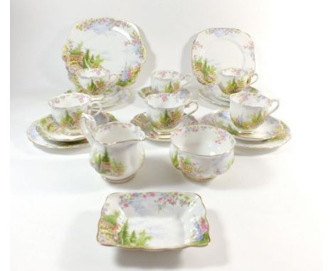 A Royal Albert tea service "Kentish Rockery" comprising: six cups and saucers, four tea plates, milk, sugar, cake plate, pin 