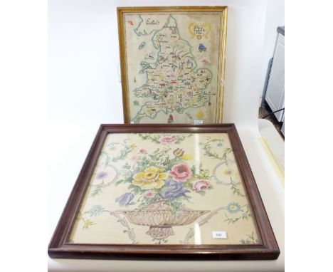 A vintage embroidered map of England - 48 x 41cm and a woolwork embroidered picture of flowers - 54 x 52cm 