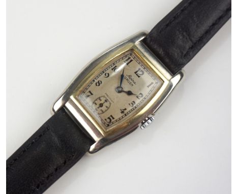 Weißgold-Armbanduhr Alpina Gruen, Art déco, 1930er Jahre massives Weiß- und Gelbgoldgehäuse in Tonneau-Form, silbernes Ziffer