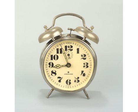 Wecker mit Doppelglocke, Junghans, 1940er Jahre vernickeltes Gehäuse, Gehäuse-D.12cm, H.16,8cm, Handaufzug, mechanisches Werk